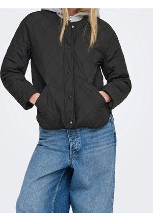 Personne portant une veste matelassée noire par-dessus un sweat à capuche gris, les mains dans les poches de la veste et un jean bleu ample.