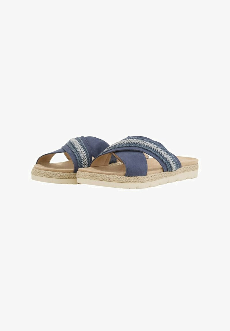 Infradito navy con fasce incrociate, dettagli texturizzati e suola stile espadrille. Presentano un plantare imbottito per il comfort.