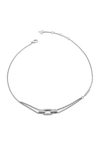 Collana in argento con due fili, caratterizzata da un design con chiusura centrale abbellita con piccole pietre trasparenti. Chiusura a moschettone sul retro.