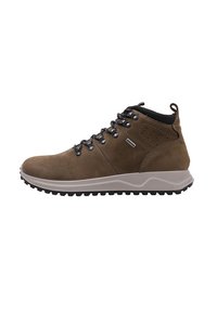 Bota de senderismo marrón con cuello acolchado negro, ojales de metal, suela gruesa con dibujo y pestaña de tela en el talón, vista lateral sobre fondo blanco.