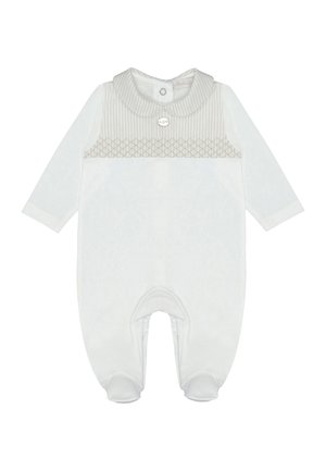Pelele blanco de manga larga para bebé con cuello Peter Pan, canesú a rayas beige, detalle fruncido y cierre de broches en cuello y pies.
