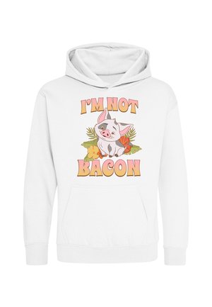 Felpa bianca con cappuccio con un maialino cartoon tra foglie e fiori tropicali, testo sopra e sotto con la scritta "I'M NOT BACON" in lettere arancioni e rosa.