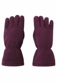 Guanti in pile di un viola scuro, con una vestibilità aderente, featuring un polsino arricciato per maggiore calore e una superficie textured per una presa migliore.