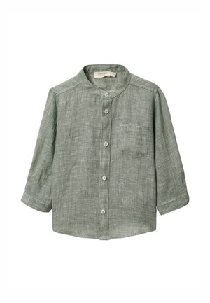 Chemise en lin vert clair pour tout-petit avec col mandarin, boutons à l'avant, poche poitrine et manches longues.