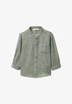 Chemise en lin vert clair pour tout-petit avec col mandarin, boutons à l'avant, poche poitrine et manches longues.