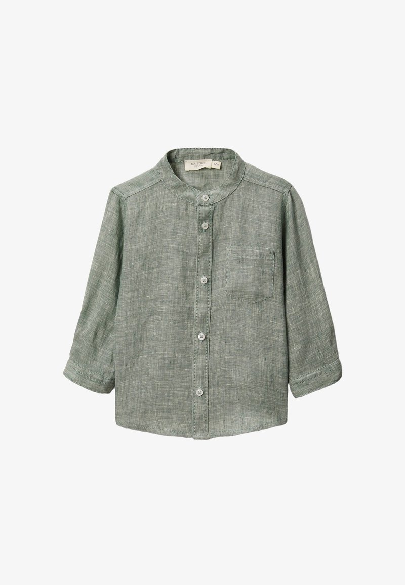 Chemise en lin vert clair pour tout-petit avec col mandarin, boutons à l'avant, poche poitrine et manches longues.