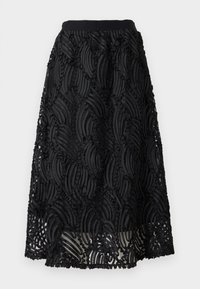 Μαύρη midi φούστα με επίπεδες, υφασμένες κεντητικές λεπτομέρειες σε σχέδιο κυματοειδούς. Διαθέτει λείο λάστιχο στη μέση και ημιδιαφανή φινίρισμα.