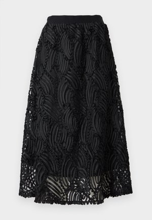 Fustă midi neagră cu broderie texturată în straturi, într-un model de val. Prezintă un tiv neted și un finisaj semi-transparent.