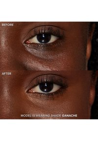 Close-up of two brown eyes, labeled "Before" and "After." The "After" eye shows enhanced lashes with mascara. Shade name "Ganache" displayed.