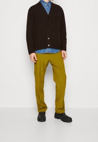 Ciemnobrązowy kardigan z guzikami i kieszeniami, nałożony na jasnoniebieską koszulę dżinsową. W zestawieniu z musztardowymi spodniami i czarnymi butami.