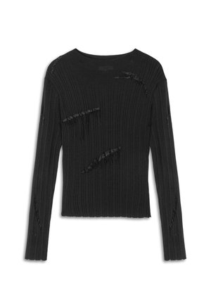 Zwarte geribde sweater met lange mouwen, gekenmerkt door vernevelde accenten en rafelige randen. Materiaal lijkt zacht met een aansluitend ontwerp en ronde halslijn.