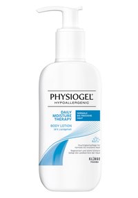 White plastic pump bottle of body lotion with blue text. Features "Physiogel Daily Moisture Therapy" and indicates 18% lipid content.