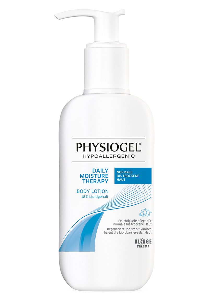 White plastic pump bottle of body lotion with blue text. Features "Physiogel Daily Moisture Therapy" and indicates 18% lipid content.