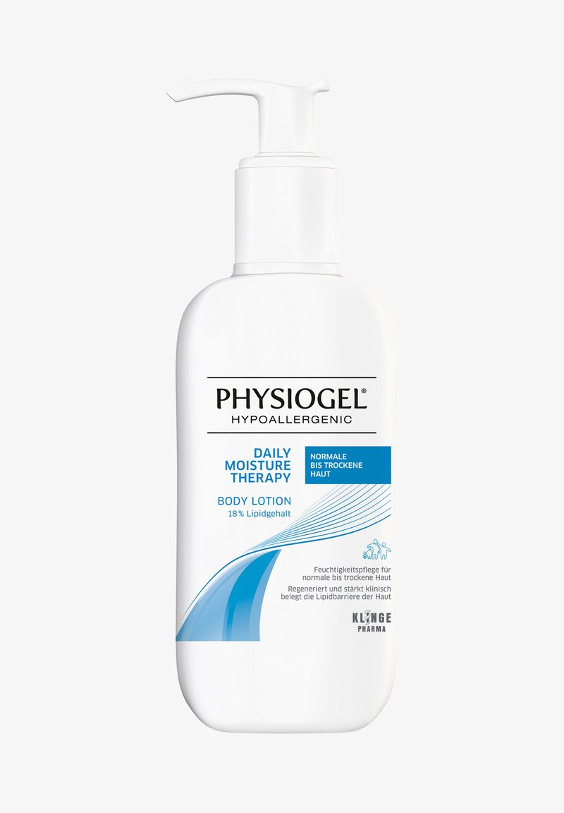 White plastic pump bottle of body lotion with blue text. Features "Physiogel Daily Moisture Therapy" and indicates 18% lipid content.
