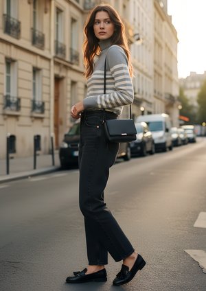Stribet grå turtleneck sweater, sorte højtaljede jeans, sorte loafers med sløjfedetalje og en lille sort crossbody taske. Urban indstilling.
