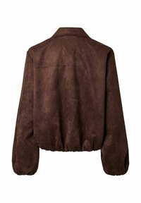 Veste bomber en daim marron foncé avec manches longues bouffantes, ourlet élastique froncé et large col, vue de dos sur fond blanc.