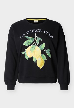 Sudadera negra de cuello redondo con texto "LA DOLCE VITA" y un gráfico de tres limones amarillos con hojas verdes en la parte delantera.