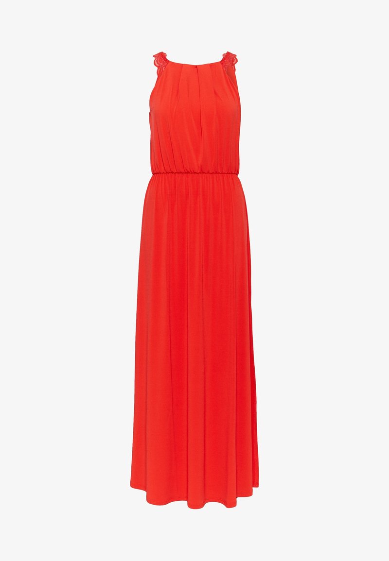 Robe maxi rouge vif sans manches avec taille froncée et détails en dentelle sur les bretelles, avec un corsage plissé.