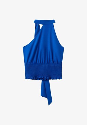 Top scurt albastru cu guler halter, talie smocată și închidere cu panglică la spate, realizat din material neted.