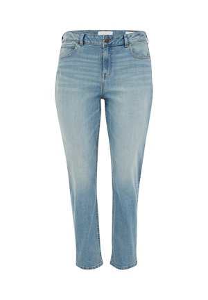 Jeans de mezclilla azul claro con cintura alta, diseño de pierna recta, desgaste mínimo, cinco bolsillos y un cierre de botón clásico.
