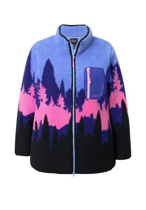 Fleecejacke mit hohem Kragen, Reißverschluss vorne und einer lila Tasche. Sie verfügt über ein Gradient-Design in Blau, Pink und Schwarz.