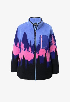 Fleece bunda s vysokým límcem, předním zipem a fialovou kapsou. Obsahuje gradientní design v modré, růžové a černé barvě.