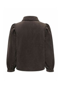 Chemise en velours côtelé marron foncé à manches longues avec épaules bouffantes et poignets boutonnés vue de dos sur fond blanc.