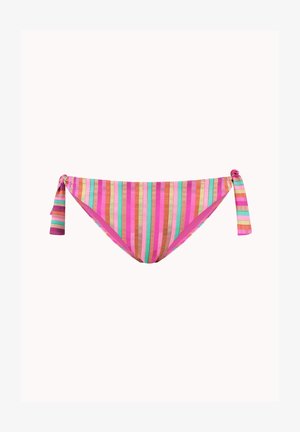 Lage bikini slip met multicolor verticale strepen en zijstriksluitingen in roze, oranje, groen en paarse tinten op een witte achtergrond.
