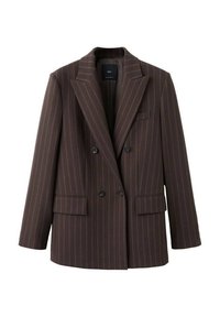 Blazer marrón de doble botonadura con rayas verticales, solapas anchas con muesca, dos bolsillos delanteros y textura de tela lisa.