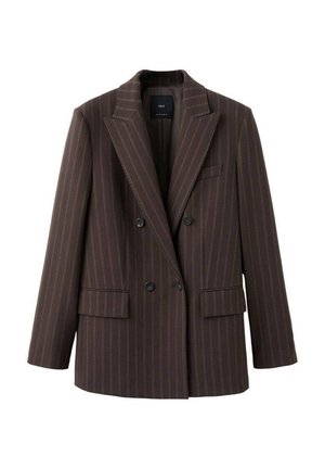 Brauner, zweireihiger Blazer mit vertikalen Nadelstreifen, breiten, eingekerbten Revers, zwei Vordertaschen und glatter Stoffstruktur.