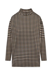 Langärmliges Turtleneck-Oberteil im beigen und schwarzen Karomuster. Der Stoff hat eine glatte Textur, einen lockeren Schnitt und einen gerippten Kragen.