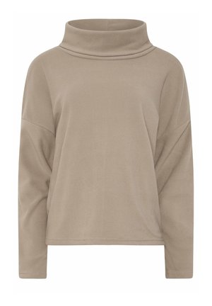 Top beige a maniche lunghe con collo alto, vestibilità morbida e tessuto a costine.