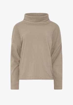 Top beige a maniche lunghe con collo alto, vestibilità morbida e tessuto a costine.