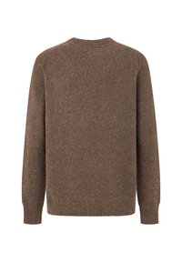 Suéter marrón de punto con cuello redondo, mangas largas y puños y dobladillo acanalados. La textura es suave y presenta un sutil patrón jaspeado.