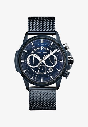 Juodas chronografas laikrodis su tinkliniu dirželiu, turintis tamsiai mėlyną ciferblatą, sidabrinius akcentus, subciferblatus ir datos rodymą 6 valandą.