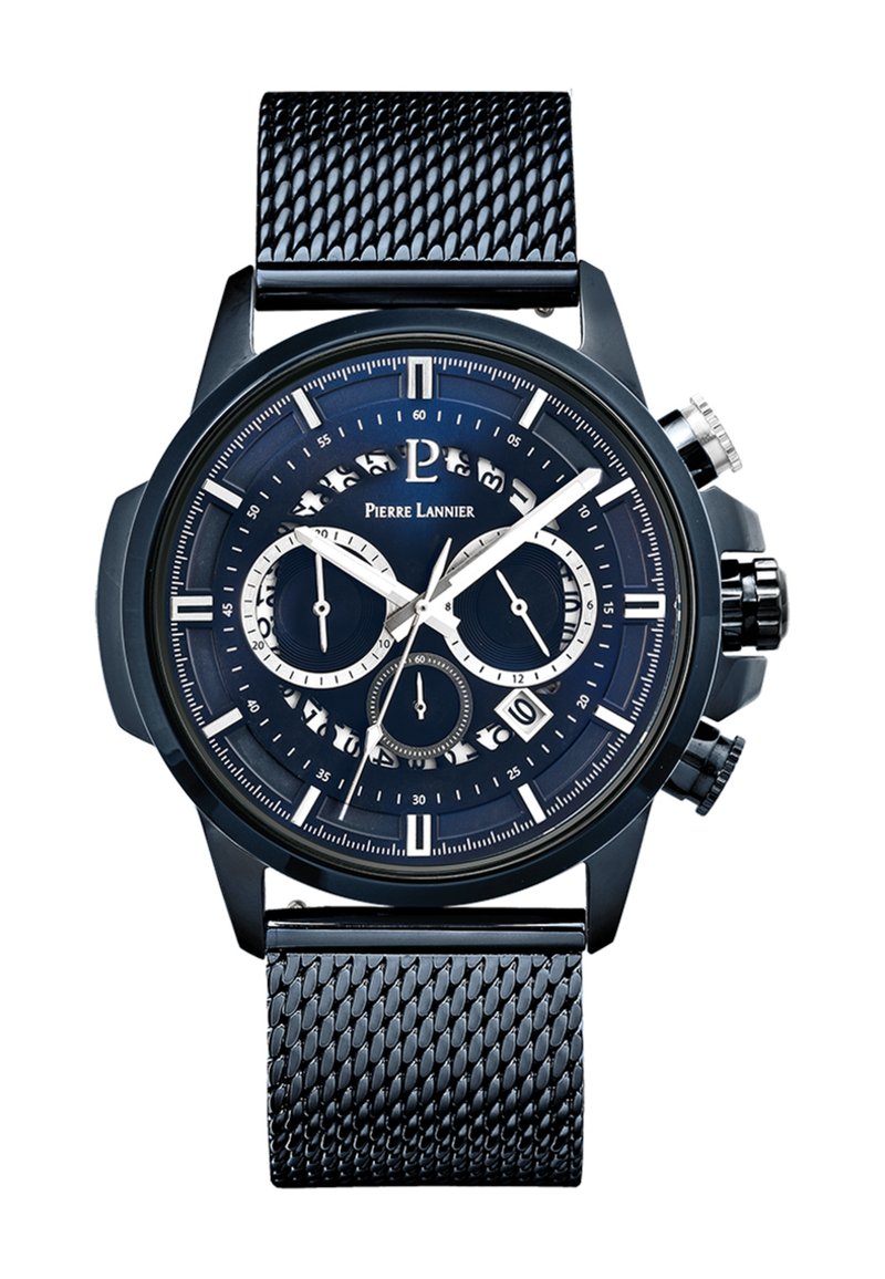 Reloj cronógrafo negro con pulsera de malla, que presenta una esfera azul oscura, acentos en plata, subesferas y una pantalla de fecha a las 6 en punto.