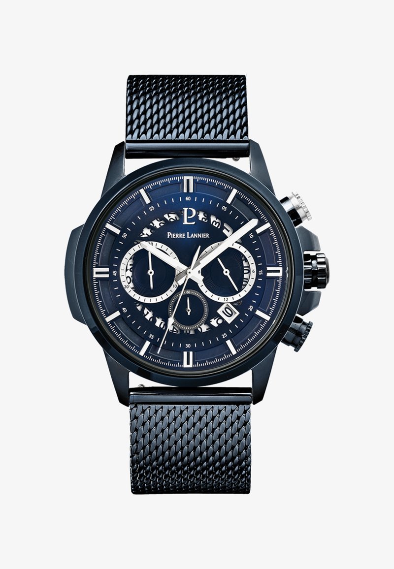 Orologio cronografo nero con cinturino a rete, caratterizzato da un quadrante blu scuro, accenti argentati, sottoquadranti e una visualizzazione della data alle 6.