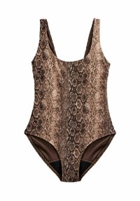 Maillot de bain une pièce à imprimé serpent marron avec des bretelles larges, des jambes échancrées et une texture lisse. Doublure intérieure en marron plus foncé.