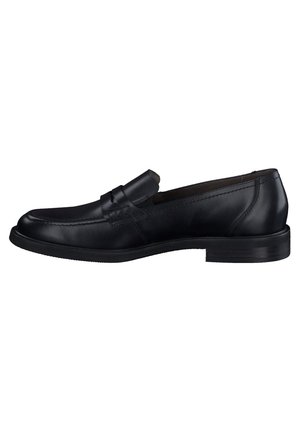 Black leather loafers with a smooth finish, a stitched toe design, and a low profile rubber sole. Features a decorative strap across the vamp.