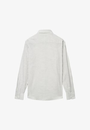 Striped shirt in light gray and white, long sleeves, button cuffs, and a classic collar. Soft fabric with a smooth texture.