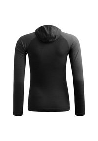 Long-sleeve hoodie in black with a textured finish. Features a fitted design, contrast raglan sleeves, and a small hood.
