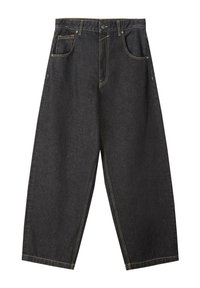 Pantalons wide-leg en denim noir avec des coutures jaunes, un design à cinq poches et une taille mi-haute. Tissu texturé avec une finition lisse.