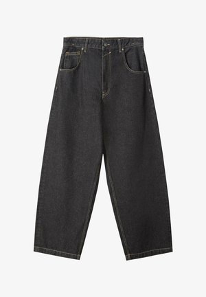 Pantaloni ampi in denim nero con cuciture gialle, design a cinque tasche e vita a metà altezza. Tessuto testurizzato con finitura liscia.