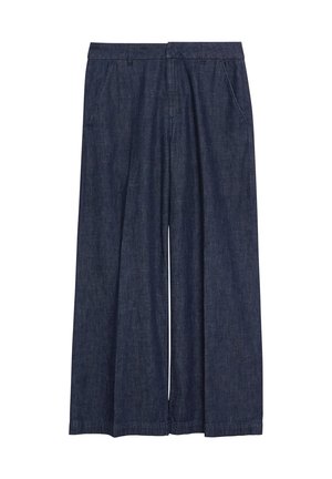 Dunkelblaue Jeanshose mit weitem Bein, Gürtelschlaufen, Seitentaschen und einem vorderen Reißverschluss.