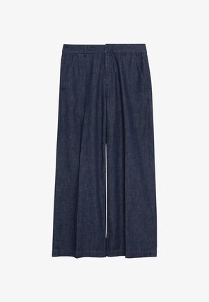 Dunkelblaue Jeanshose mit weitem Bein, Gürtelschlaufen, Seitentaschen und einem vorderen Reißverschluss.