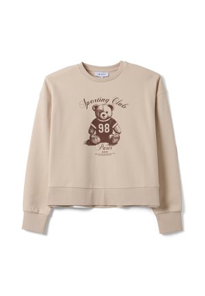 Sweat-shirt beige à manches longues avec un ours en peluche portant un maillot numéro 98 et le texte Sporting Club Paris.