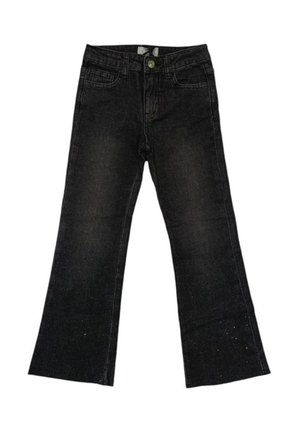 Jeans in denim nero con design a gamba svasata, dotati di tasche frontali, chiusura con bottone e sottili dettagli di paillettes nella parte inferiore delle gambe.