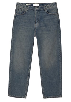 Blugi din denim albastru cu croială dreaptă, patru buzunare și o ușoară decolorare. Materialul are o textură netedă și un sistem clasic de închidere cu buton.
