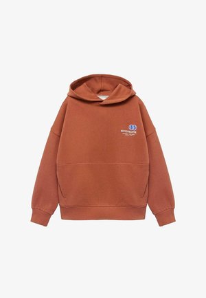 Hnedý hoodie z mäkkého materiálu. Obsahuje predné vrecko, rebrované rukávy a grafické logo v modrej farbe na ľavej hrudi.