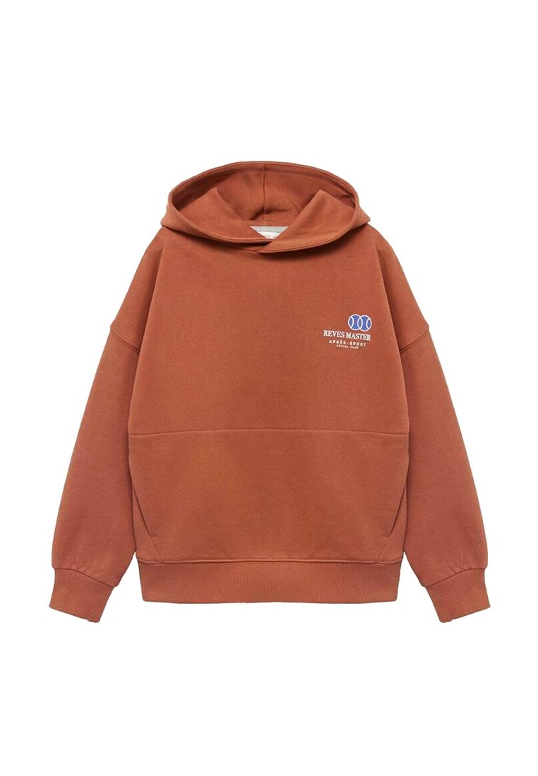 Rust-colored hoodie made of soft fabric. Features a front pocket, ribbed cuffs, and a graphic logo in blue on the left chest.